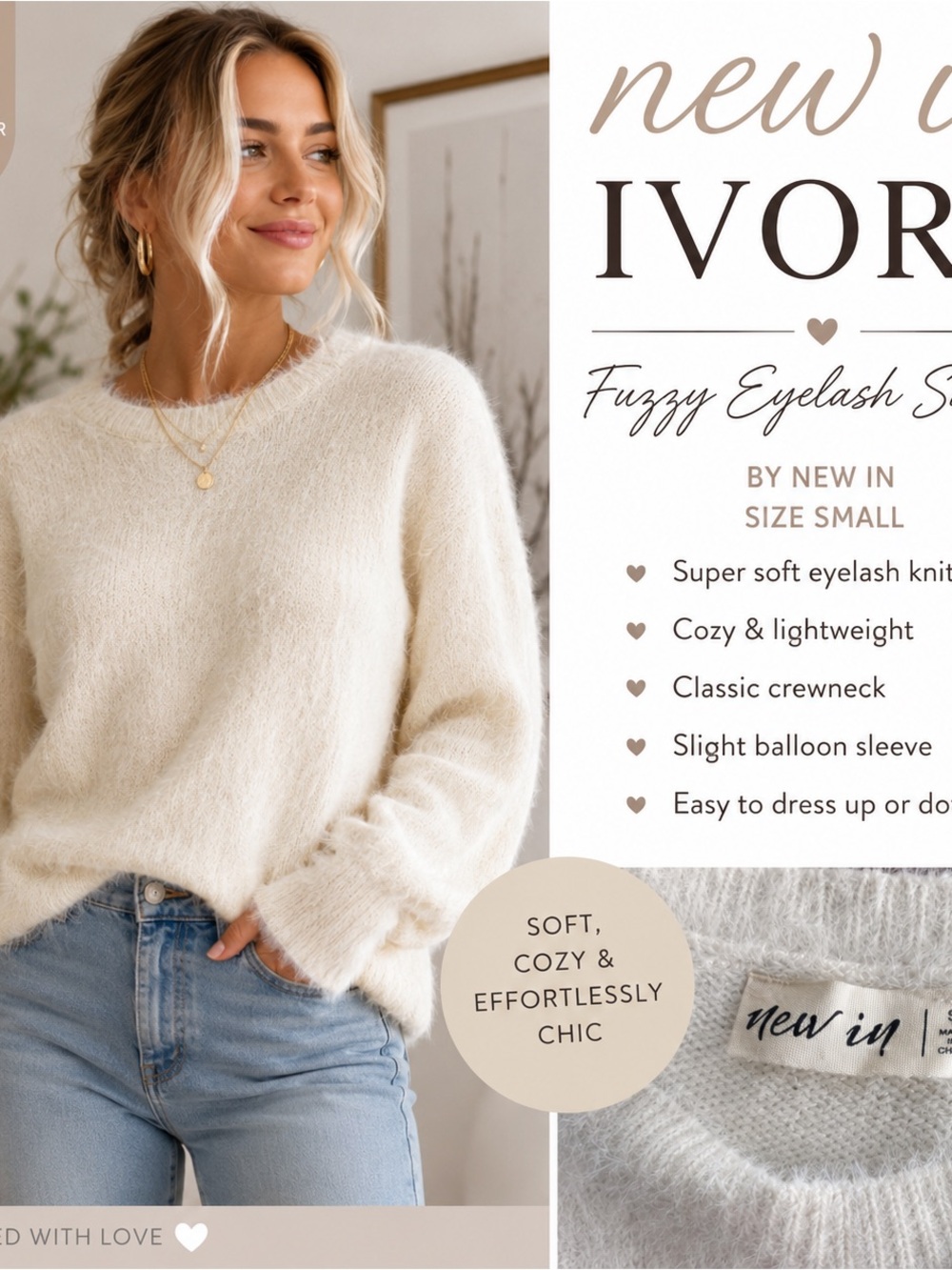 Ivory Fuzzy Eyelash Knit Crewneck Sweater - New In